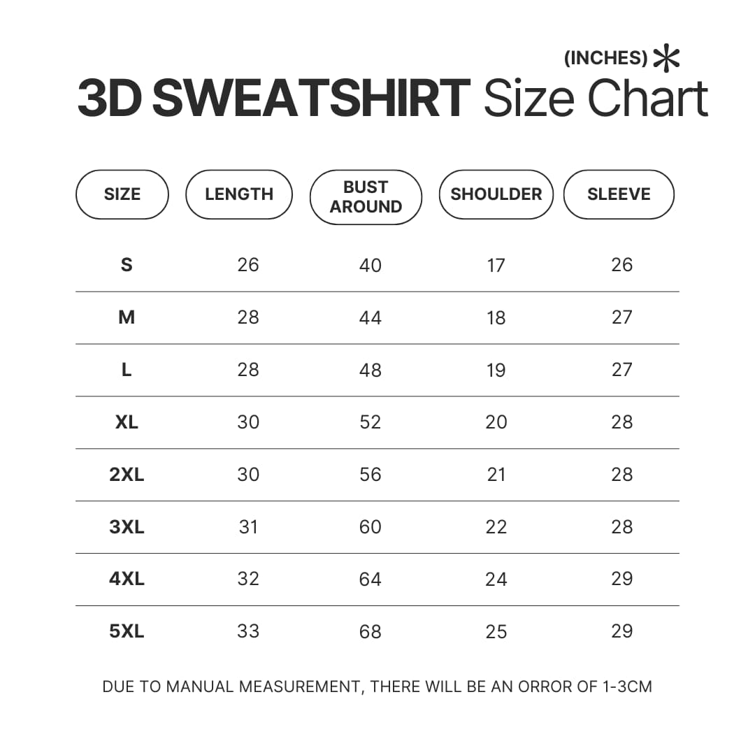 3D Sweatshirt Size Chart - Vegeta Shop